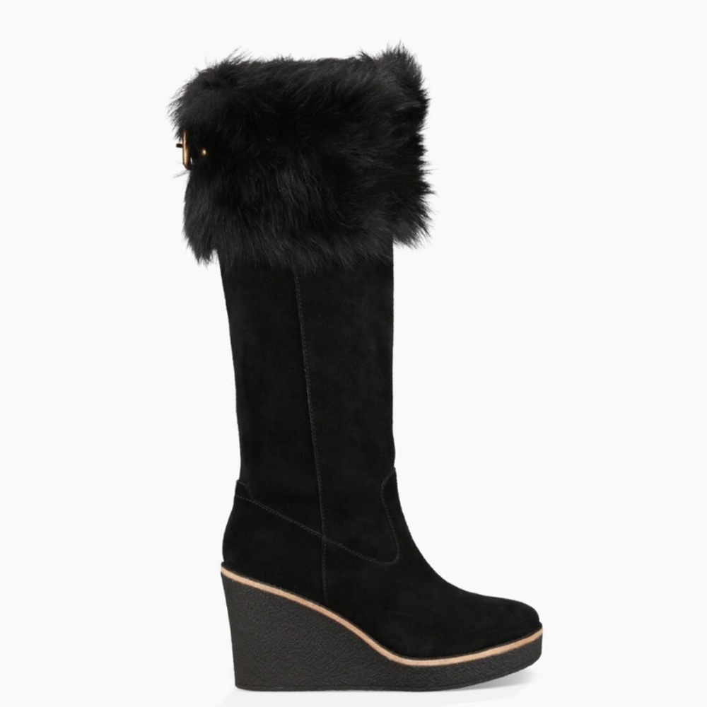 Ugg Valberg Toscana Fur Cuff Wedge Suede Tall Black Boots -NWOB!